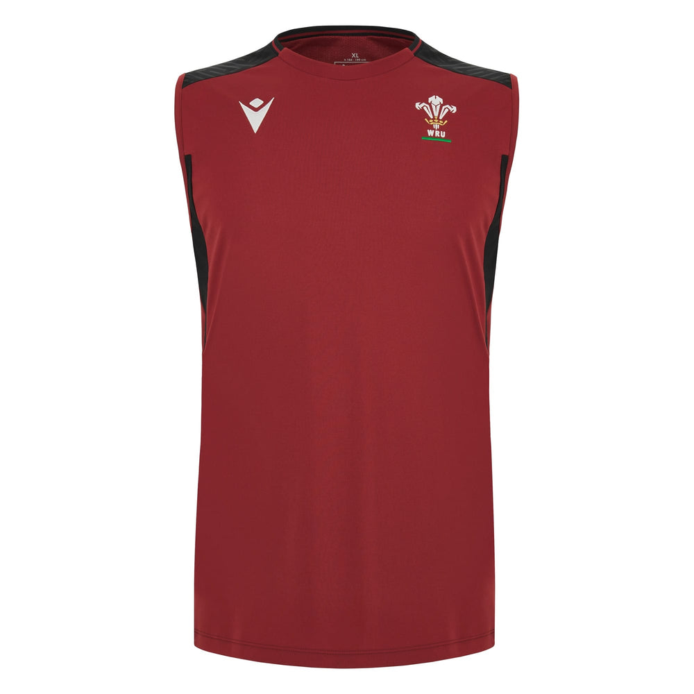 Maglia da allenamento senza maniche della squadra di rugby del Galles, rossa con dettagli neri. Logo WRU.