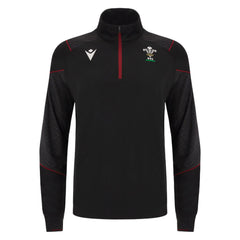 Felpa Macron 3D mezza zip da rugby del Galles 2024, nera, con logo WRU.
