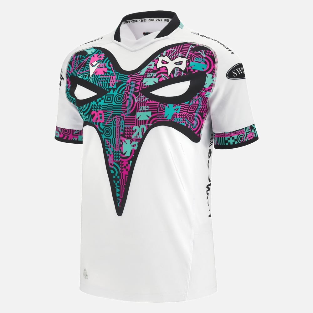 Maglia da rugby Ospreys 2024 Away: maglia bianca con motivo geometrico a maschera color verde acqua e magenta.