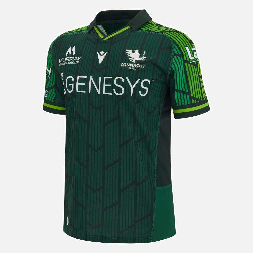 Maglia Connacht Rugby Home PRO 2024: maglia ufficiale da rugby verde con logo della squadra e dettagli degli sponsor.
