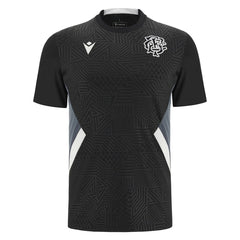 Maglia da allenamento Macron Rugby Barbarians 2023-24 nera con dettagli geometrici.