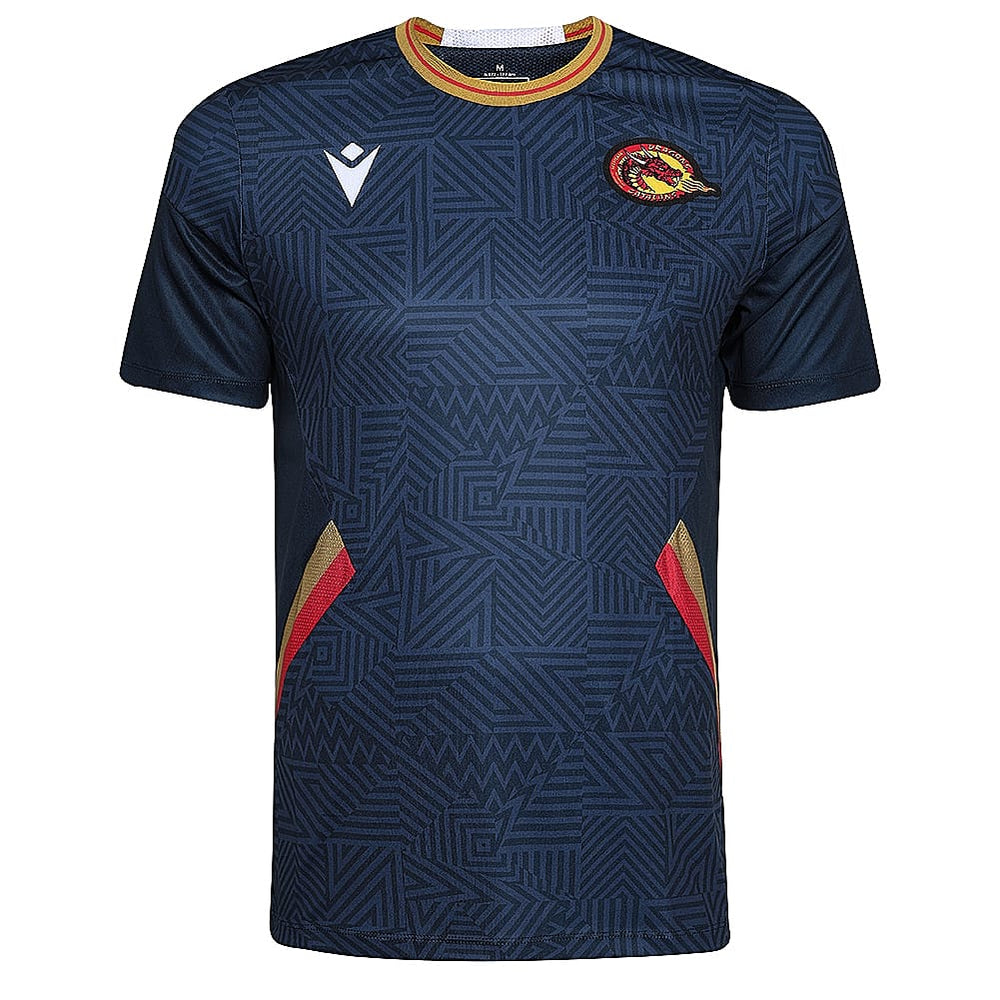 Maglia training Macron Dragons Catalans blu con dettagli rossi e oro.