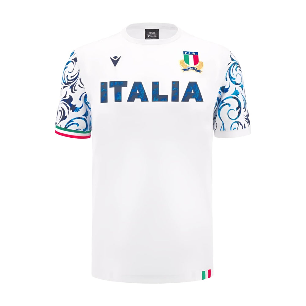 T-shirt Italia Rugby fan bianca 2025: Maglia bianca da rugby dell'Italia con maniche a fantasia blu e bianca