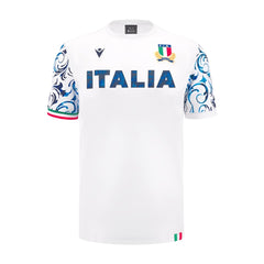 T-shirt Italia Rugby fan bianca 2025: Maglia bianca da rugby dell'Italia con maniche a fantasia blu e bianca