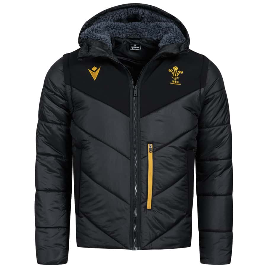 Bomber imbottito nero e oro Galles Rugby Elite con cappuccio e logo WRU.