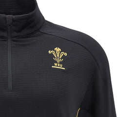 Felpa da viaggio da rugby Galles nera con logo WRU in oro.
