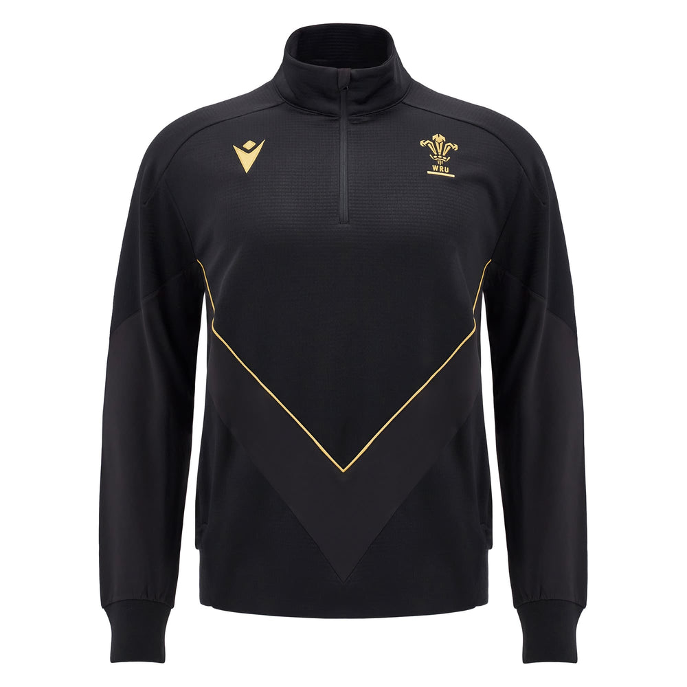 Felpa da viaggio da rugby Galles Macron Total Black con logo WRU.
