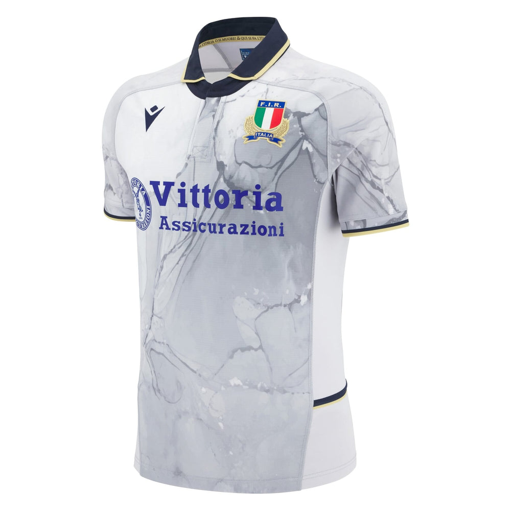 Maglia Rugby Italia 2026 Macron Away Authentic, bianco con grafiche e logo F.I.R.