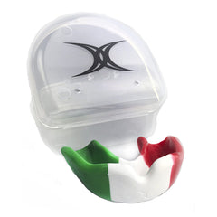 Paradenti Italia Gilbert Tricolore con disegno della bandiera italiana, in custodia protettiva trasparente.