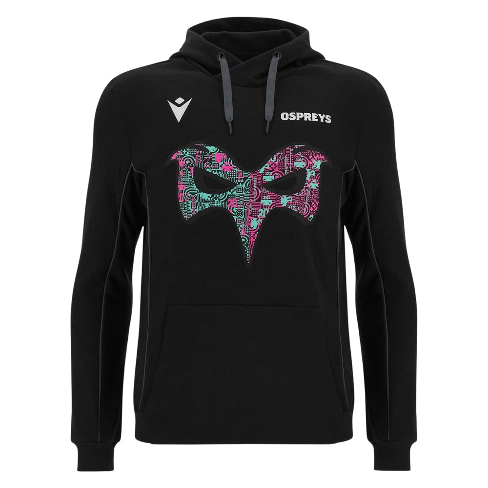 Felpa con cappuccio Macron ufficiale Ospreys Rugby, nera con grafica colorata sul petto.