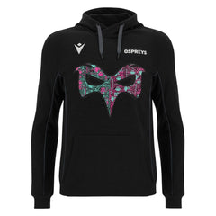 Felpa con cappuccio Macron ufficiale Ospreys Rugby, nera con grafica colorata sul petto.