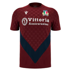Maglia da allenamento Macron Italia Rugby 2025 bordeaux con scollo a V e logo.