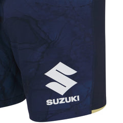 Pantaloncini da rugby Suzuki gara away blu con logo bianco.