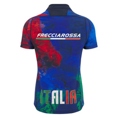 Maglia da allenamento rugby Italia Frecciarossa, design blu con dettagli rosso e verde.