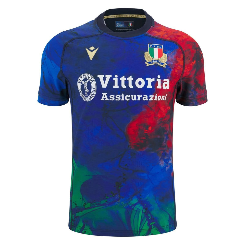 Maglia da allenamento rugby Italia 2026 F.I.R. blu e rossa con logo.