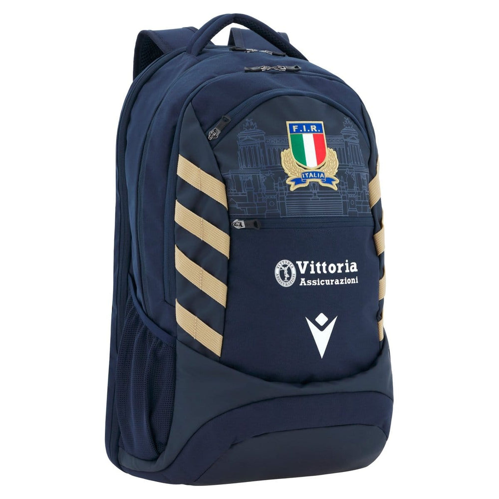 Zainetto da rugby Italia FIR Macron blu navy con dettagli oro e logo Vittoria Assicurazioni.