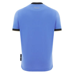 Maglia da rugby Italia 2026 Cotone Avio, retro con scritta ITALIA e dettagli manica neri/oro.