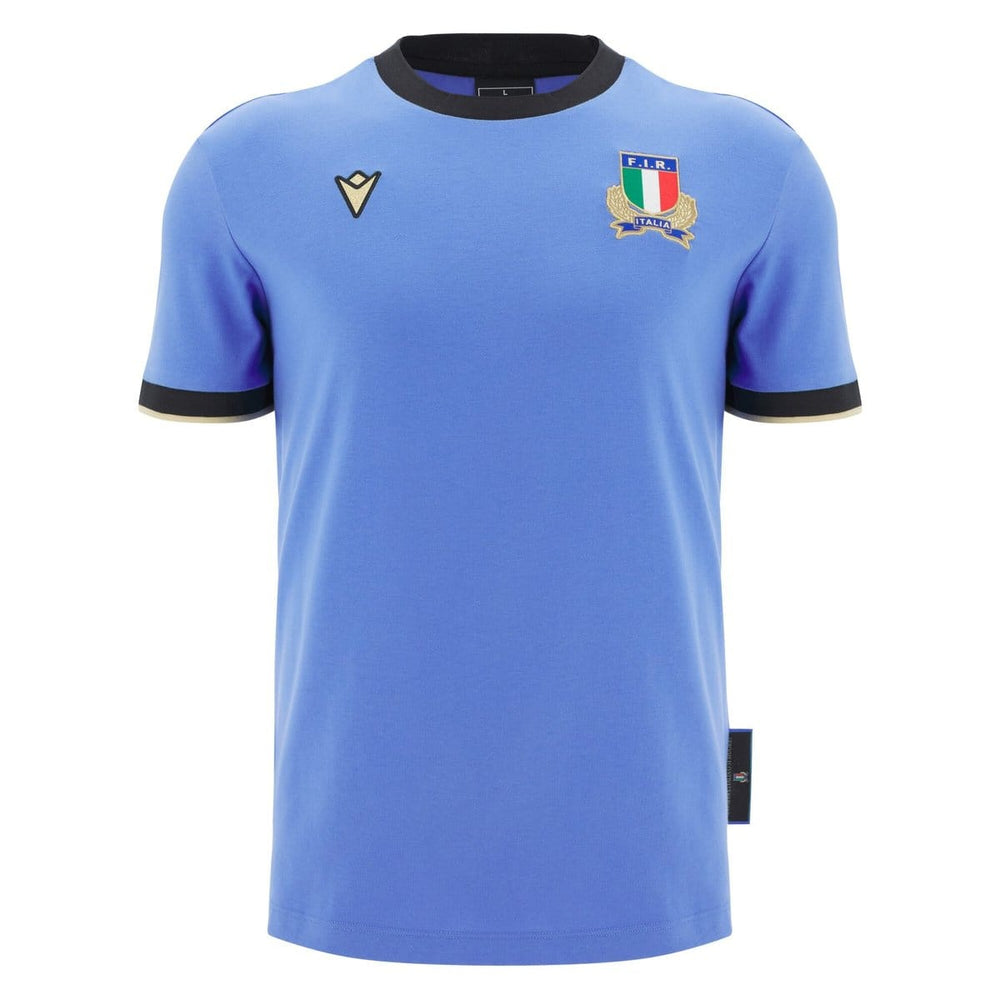 Maglia fan rugby Italia 2026 cotone avio con stemma FIR e scudo Italia.