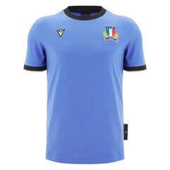 Maglia fan rugby Italia 2026 cotone avio con stemma FIR e scudo Italia.