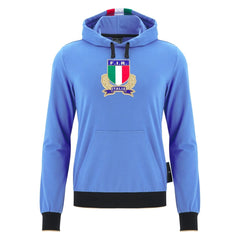 Felpa da uomo Italia Rugby 2026, avio, con stemma federale e cappuccio.