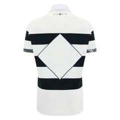 Maglia rugby Barbarians a maniche corte in cotone bianco e nero con rombo centrale.