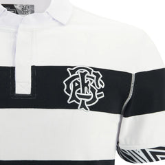 Maglia rugby uomo a maniche corte, cotone, a righe bianche e nere con logo ricamato.