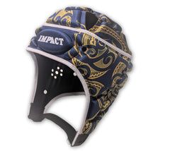 Caschetto da rugby Impact blu navy con grafica Maori oro.