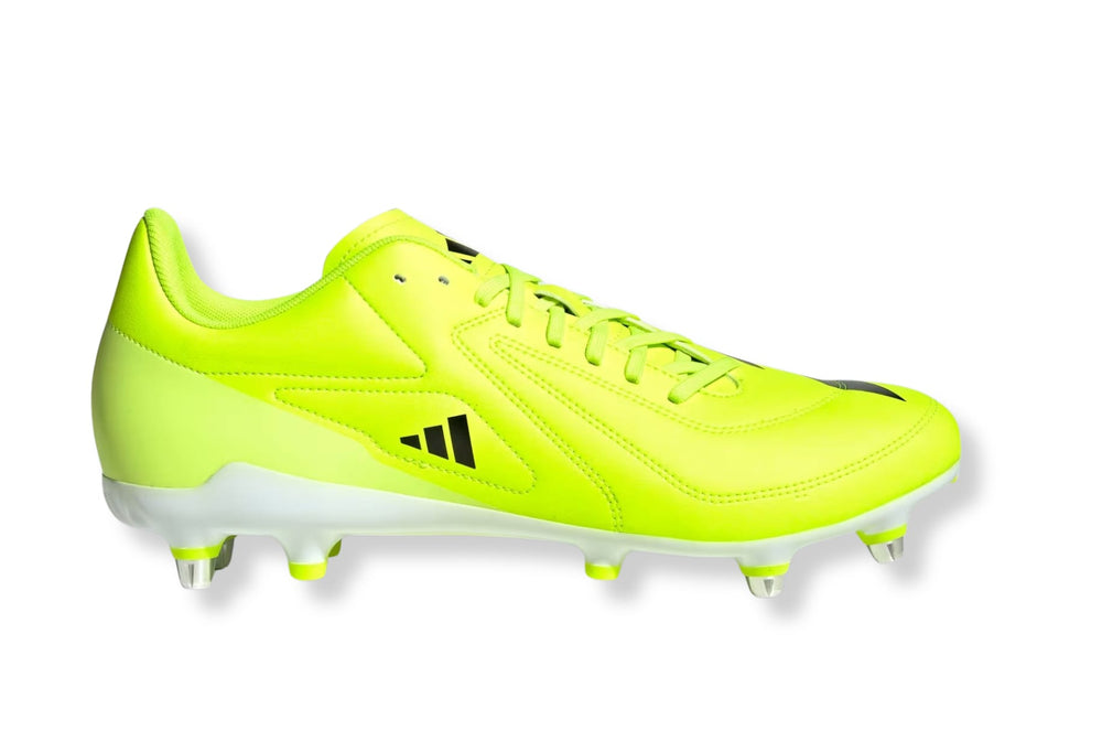 Scarpino da rugby Adidas RS15 SG fluo giallo, con tacchetti SG per terreni morbidi.