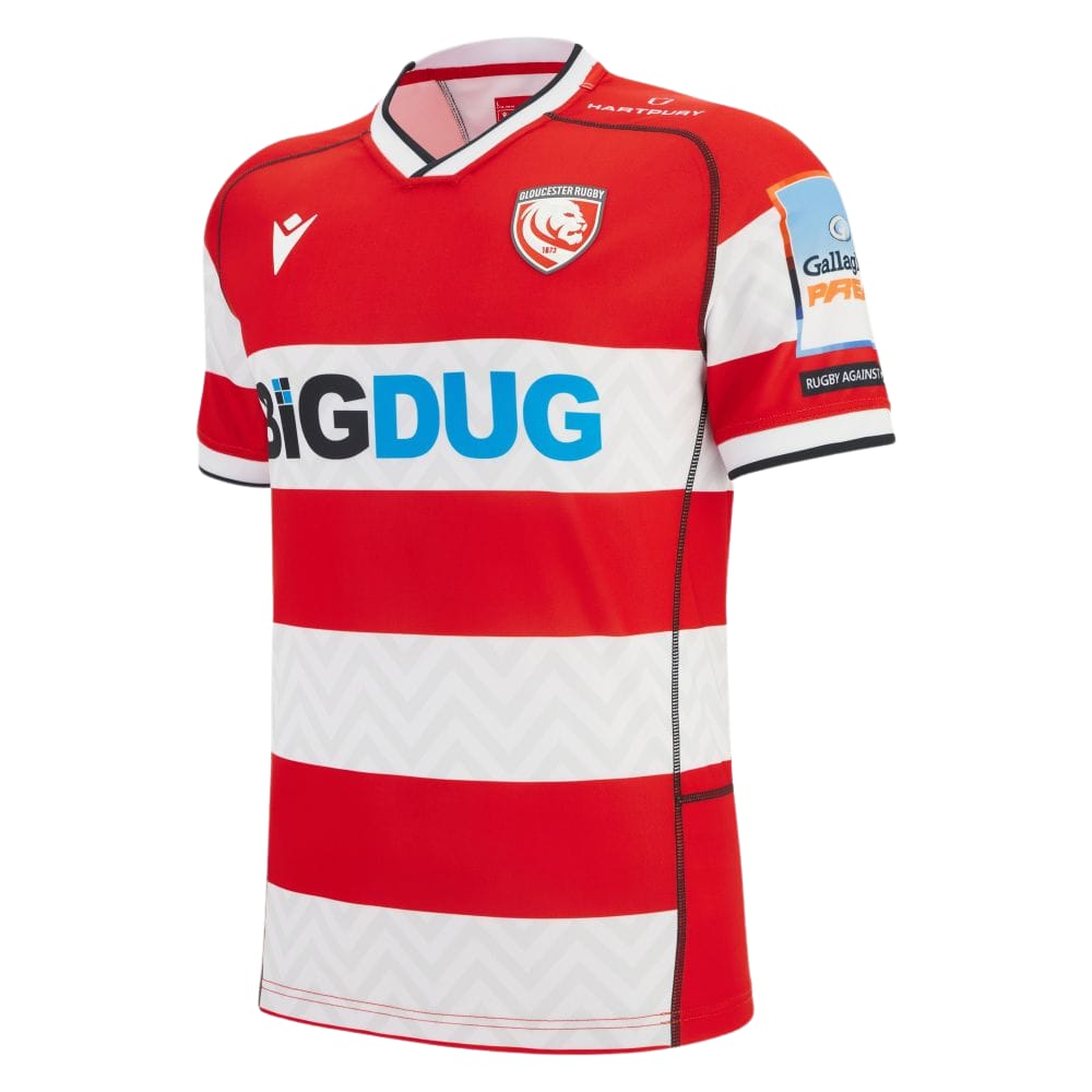Maglia Rugby Gloucester 2026 Home PRO: design a righe rosse e bianche con logo.