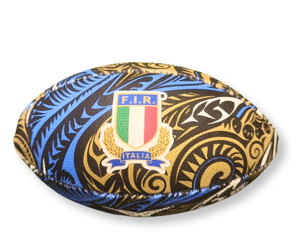 Mini palloncino da rugby Gilbert FIR Italia con design Maori, colori blu e oro.