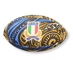 Mini palloncino da rugby Gilbert FIR Italia con design Maori, colori blu e oro.