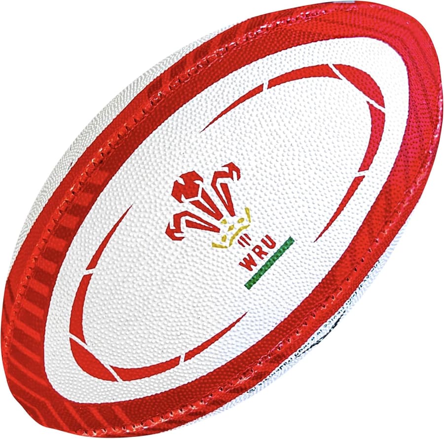 Mini palloncino da rugby Gilbert per il Galles, bianco con dettagli rossi e stemma.