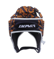 Caschetto da rugby Impact blu-arancio con design Maori, ideale per proteggere durante la mischia.