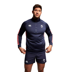 Felpa da rugby Irlanda 2023-24 da uomo, blu con dettagli rosa, mezza zip.