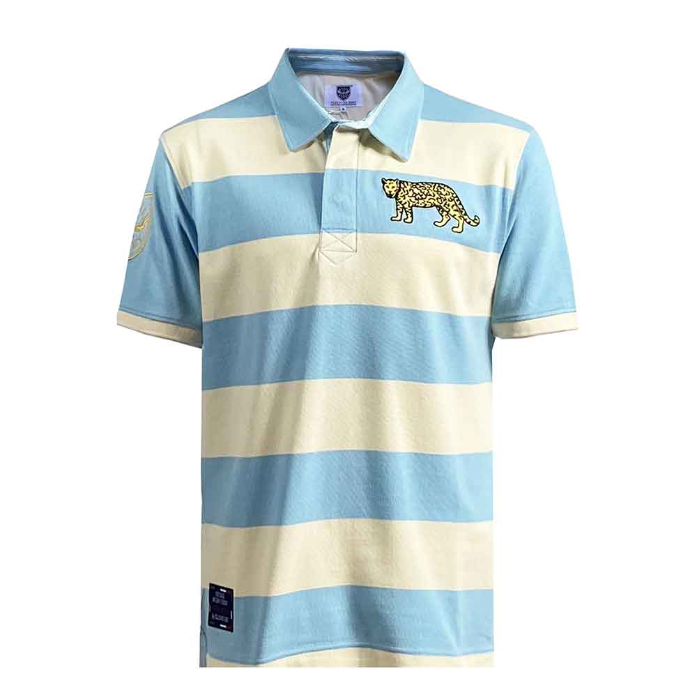Polo rugby Argentina vintage a righe azzurre e crema con stemma felino.