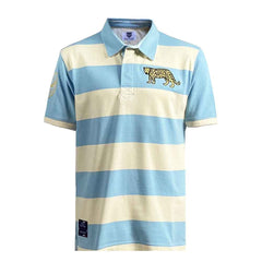 Polo rugby Argentina vintage a righe azzurre e crema con stemma felino.