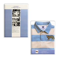 Polo Rugby Argentina Vintage 1985: polo da rugby a righe azzurre e crema con giaguaro ricamato, ispirata alla stagione 1985 dei Los Pumas.
