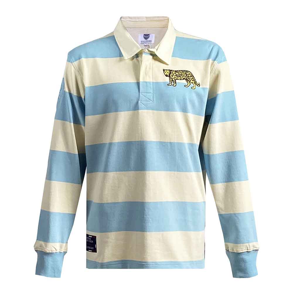 Maglia Rugby Argentina Vintage: Maglia da rugby vintage dell'Argentina, a righe azzurre e crema, con giaguaro ricamato.