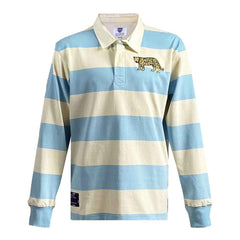 Maglia Rugby Argentina Vintage: Maglia da rugby vintage dell'Argentina, a righe azzurre e crema, con giaguaro ricamato.