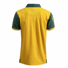 Polo da rugby degli Australia Wallabies: polo dorata in stile vintage con dettagli verdi. Presenta il logo dell'Australia Rugby.