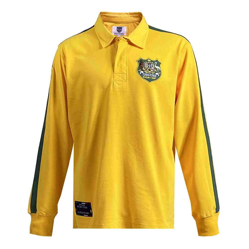 Maglia Rugby Australia Vintage: Maglia da rugby a maniche lunghe color oro con strisce verdi e stemma ricamato dell'Australian Rugby.