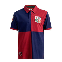 Polo rugby vintage British & Irish Lions 1938, bicolore rosso e blu, con stemmi ricamati.