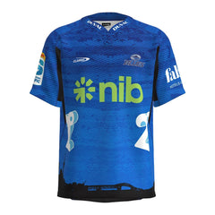 Maglia da rugby Blues Super Rugby Pacific Home 2024-25: maglia da rugby ufficiale blu con pennino e loghi Duval.