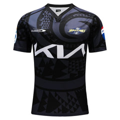 Maglia da rugby Hurricanes Super Rugby Pacific Away 2024-25 per ragazzi: design nero e grigio, con logo della squadra.