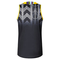 Canottiera Hurricanes Super Rugby 2025 Classic nera con dettagli grafici geometrici e stile tribale.