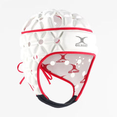 Caschetto da rugby Gilbert AIR bianco con dettagli rossi, leggero e traspirante.