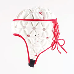 Caschetto da rugby Gilbert AIR bianco e rosso con lacci e imbottitura protettiva.