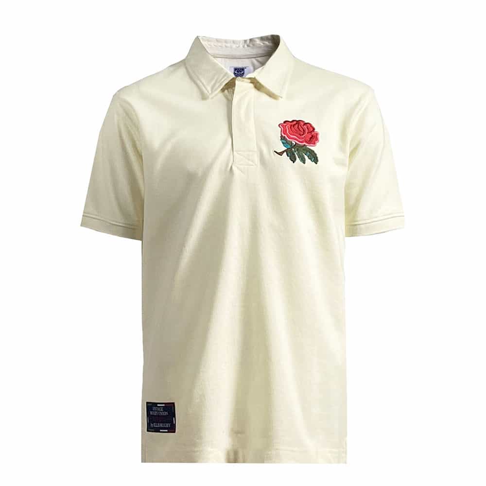 Polo vintage della nazionale inglese di rugby 1991-92: polo color crema a maniche corte con emblema a forma di rosa ricamato.
