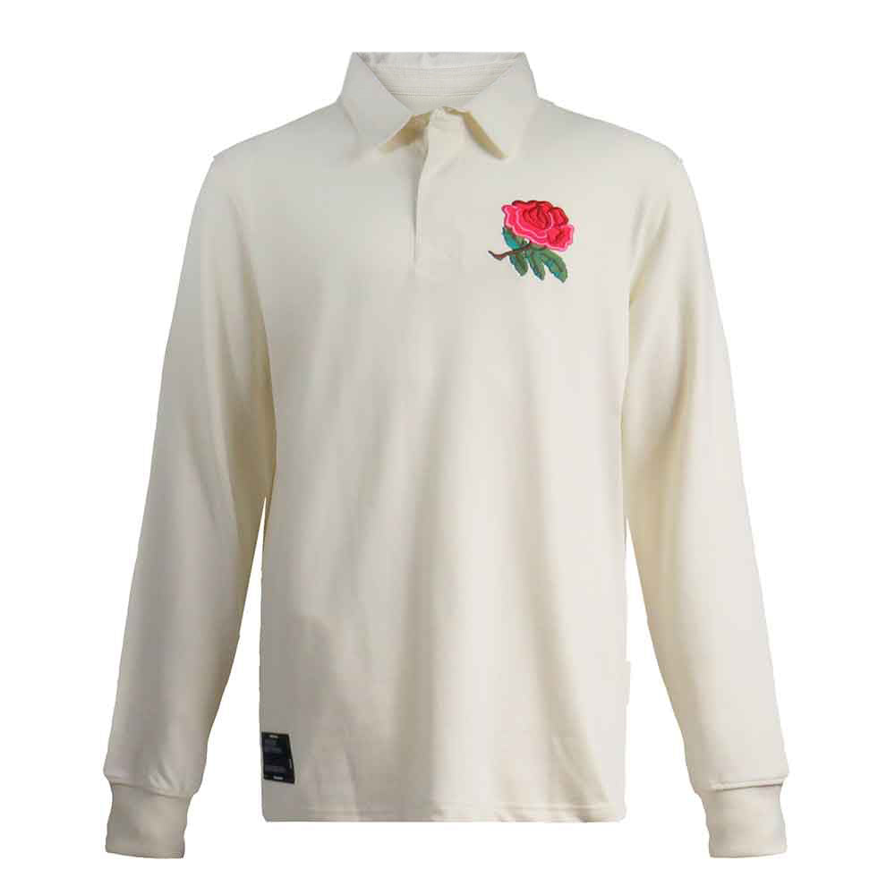 Maglia Rugby Inghilterra Vintage Classic: Maglia da rugby a maniche lunghe color crema con stemma rosa ricamato.