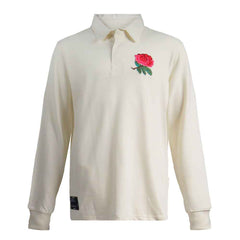 Maglia Rugby Inghilterra Vintage Classic: Maglia da rugby a maniche lunghe color crema con stemma rosa ricamato.